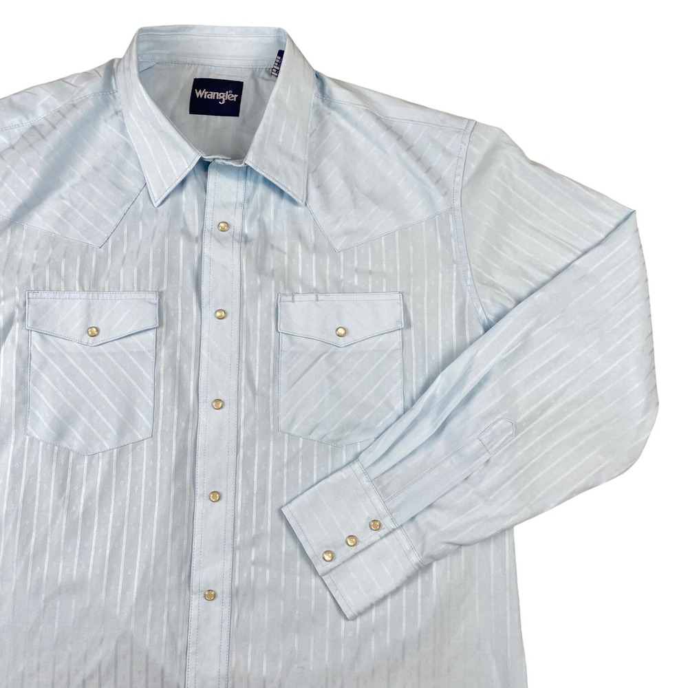 Wrangler Mens XL Light Blue Western Pearl Snap Shirt Striped Long Sleeve